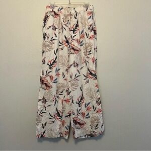 White Floral Wide Leg Linen Blend Pants Elastic Waist‎ Drawstring